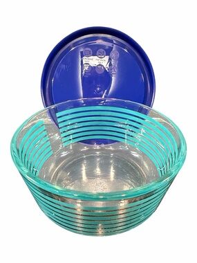 Pyrex 1980’s Blue Striped Bowl Decorated Glass Storage Container with Lid